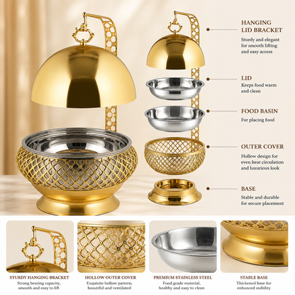 Luxury Chafiing dish,food warming Party and wedding table setting stainless steel 8L gold exquisite and elegant food warmer with hanging lid, reusable glass gold table stove 8L luxury hanging hotel outdoor insulated alcohol stove
