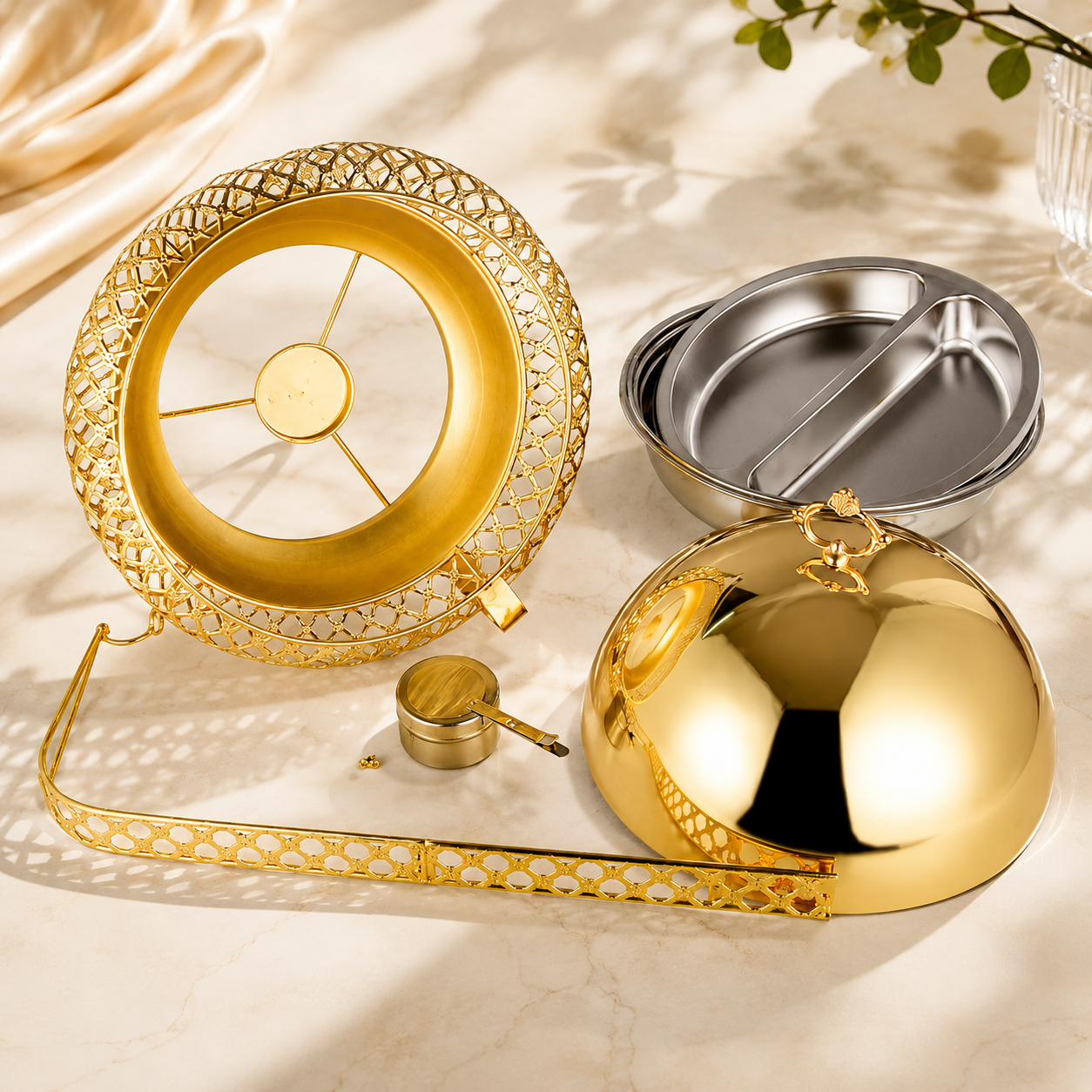 Luxury Chafiing dish,food warming Party and wedding table setting stainless steel 8L gold exquisite and elegant food warmer with hanging lid, reusable glass gold table stove 8L luxury hanging hotel outdoor insulated alcohol stove