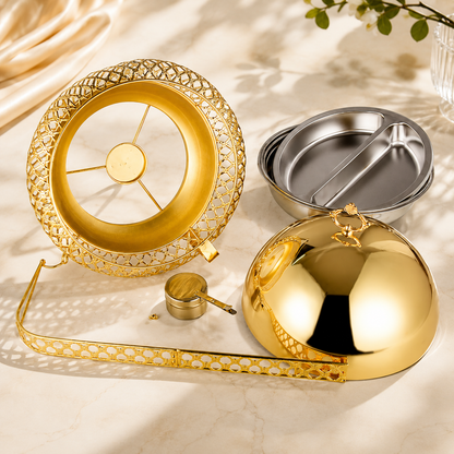 Luxury Chafiing dish,food warming Party and wedding table setting stainless steel 8L gold exquisite and elegant food warmer with hanging lid, reusable glass gold table stove 8L luxury hanging hotel outdoor insulated alcohol stove