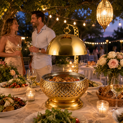 Luxury Chafiing dish,food warming Party and wedding table setting stainless steel 8L gold exquisite and elegant food warmer with hanging lid, reusable glass gold table stove 8L luxury hanging hotel outdoor insulated alcohol stove