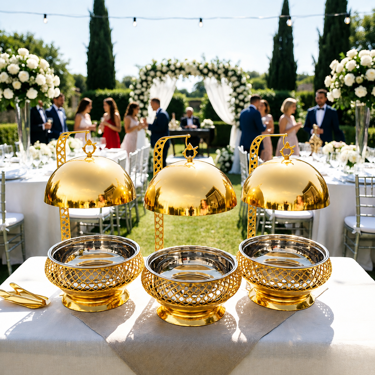 Luxury Chafiing dish,food warming Party and wedding table setting stainless steel 8L gold exquisite and elegant food warmer with hanging lid, reusable glass gold table stove 8L luxury hanging hotel outdoor insulated alcohol stove