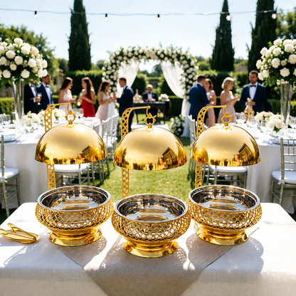 Luxury Chafiing dish,food warming Party and wedding table setting stainless steel 8L gold exquisite and elegant food warmer with hanging lid, reusable glass gold table stove 8L luxury hanging hotel outdoor insulated alcohol stove