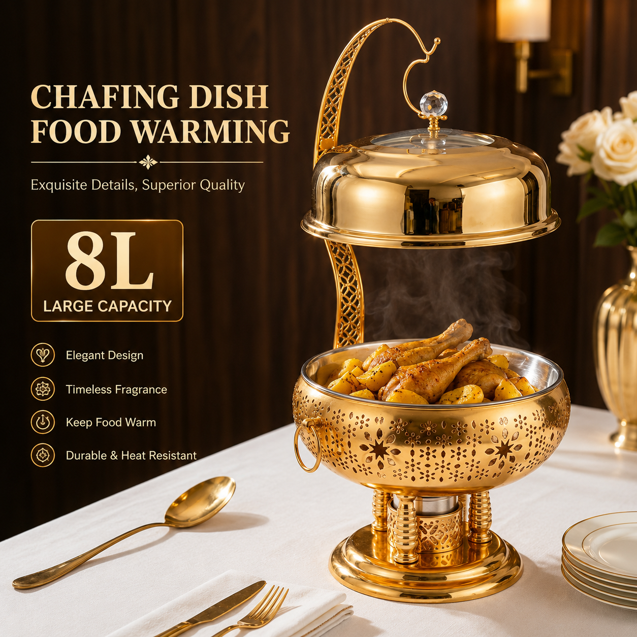 Luxury Chafing dish ,Food warming Elegant 8L Stainless Steel Gold Food Warmer with Hanging Lid for Party and Wedding Table Setting