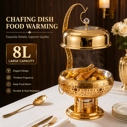 Luxury Chafing dish ,Food warming Elegant 8L Stainless Steel Gold Food Warmer with Hanging Lid for Party and Wedding Table Setting