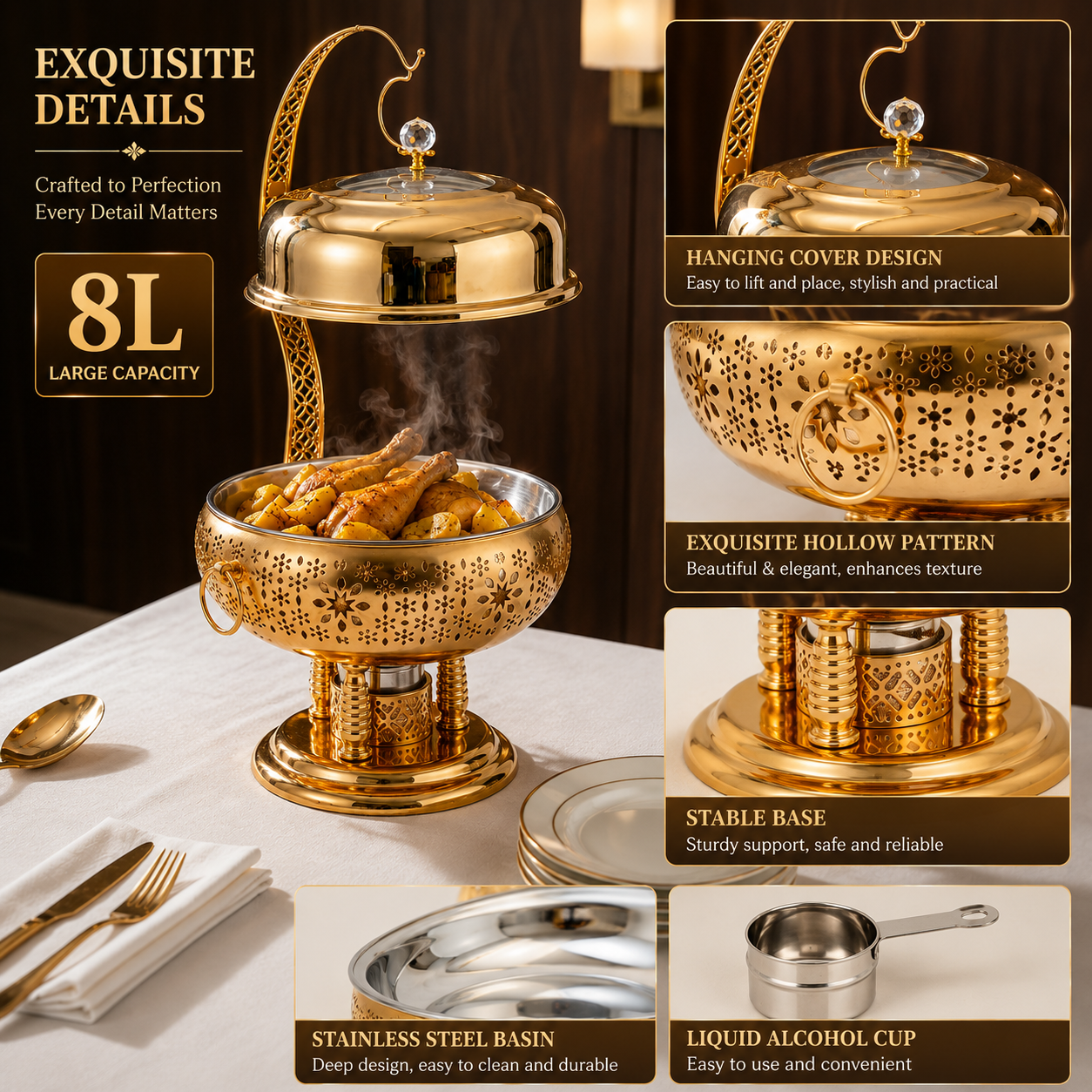 Luxury Chafing dish ,Food warming Elegant 8L Stainless Steel Gold Food Warmer with Hanging Lid for Party and Wedding Table Setting