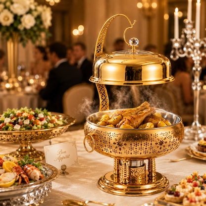 Luxury Chafing dish ,Food warming Elegant 8L Stainless Steel Gold Food Warmer with Hanging Lid for Party and Wedding Table Setting