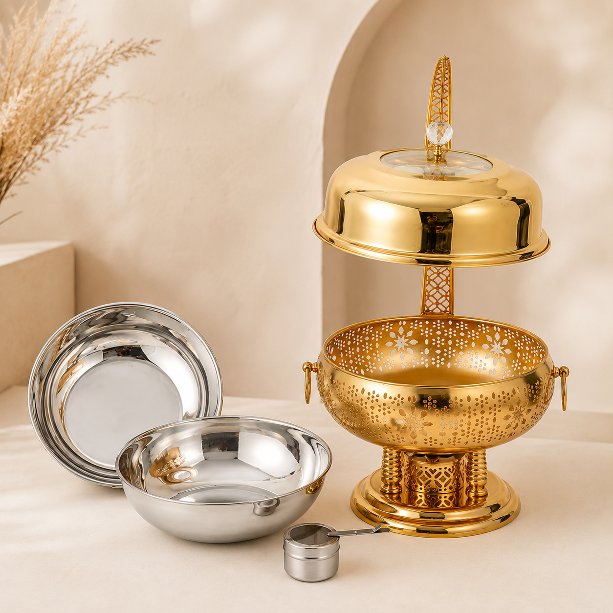 Luxury Chafing dish ,Food warming Elegant 8L Stainless Steel Gold Food Warmer with Hanging Lid for Party and Wedding Table Setting