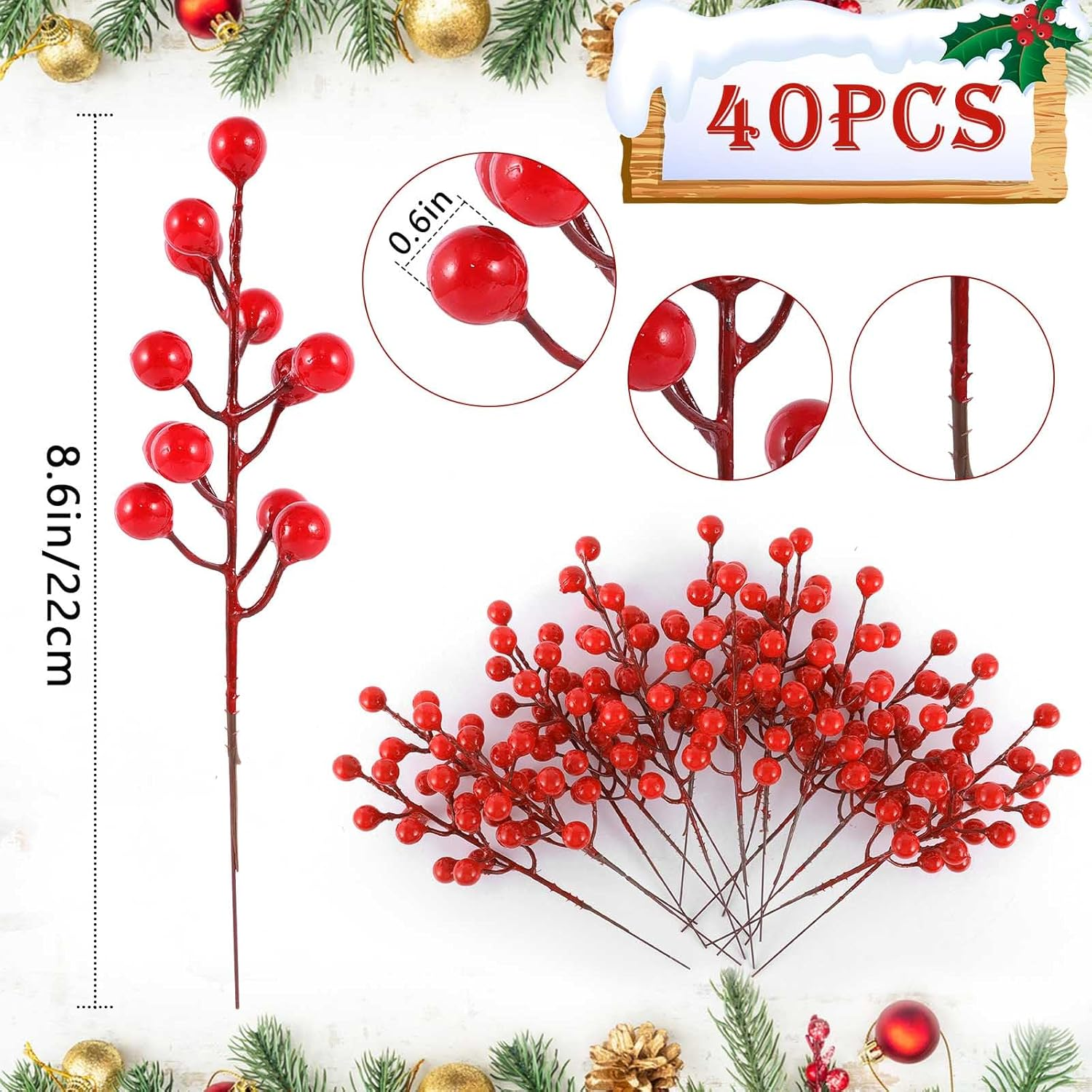 40PCS Faux Red Berry Holly Stems Holiday Table Centerpiece Vase Fillers for Christmas and New Year - kuomie