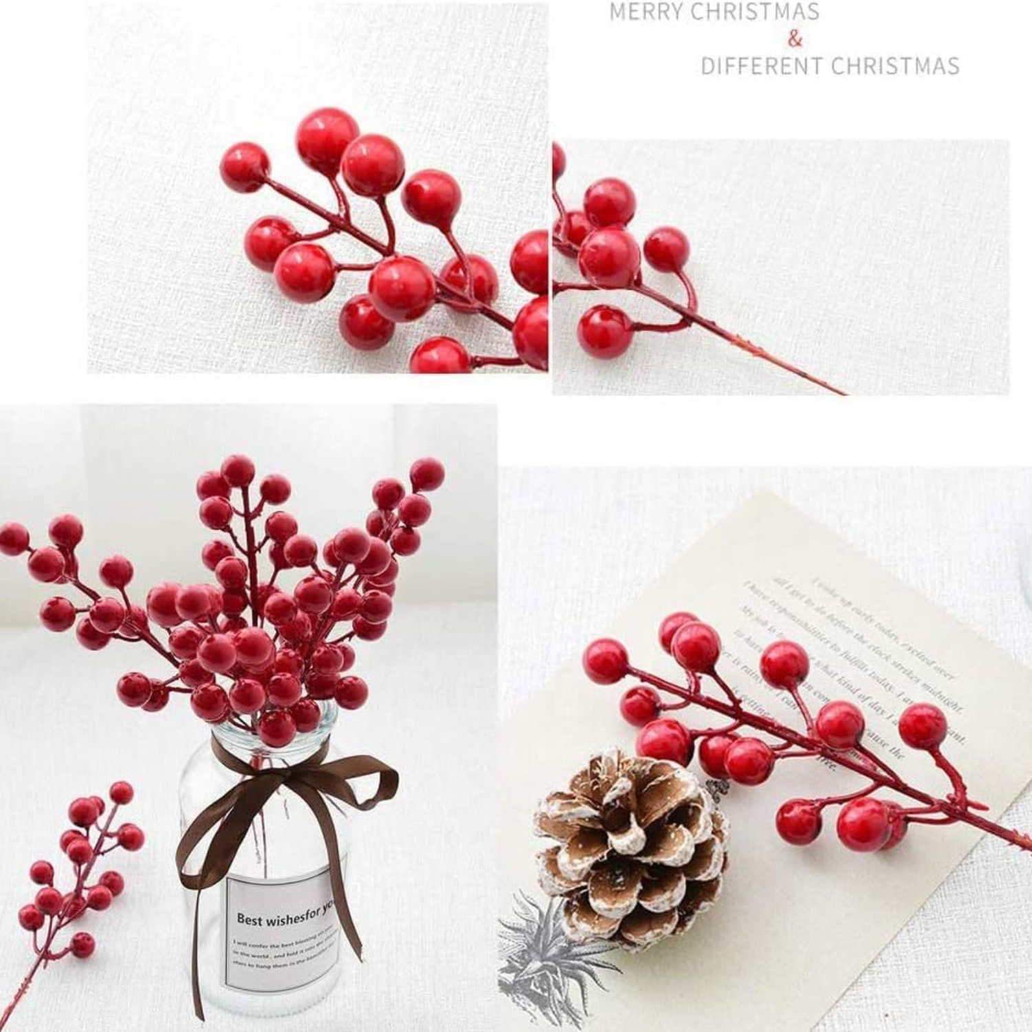40PCS Faux Red Berry Holly Stems Holiday Table Centerpiece Vase Fillers for Christmas and New Year - kuomie