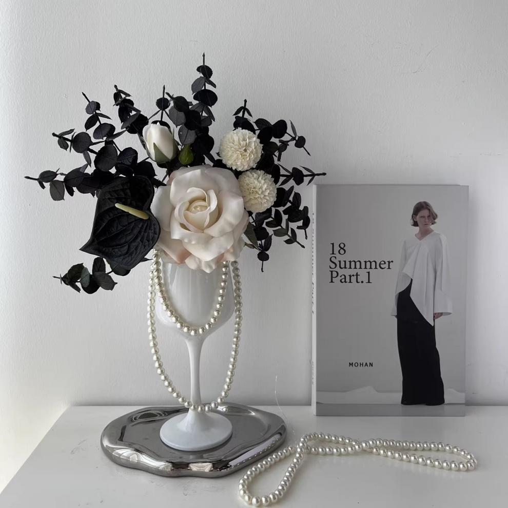 1pc Elegant Faux Rose Arrangement in Luxury Wine Glass Vase with Decorative Pearls Living Room Decor,autumn home decor,autumn decor,room decor