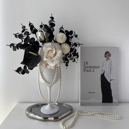 1pc Elegant Faux Rose Arrangement in Luxury Wine Glass Vase with Decorative Pearls Living Room Decor,autumn home decor,autumn decor,room decor