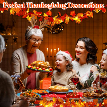 2 Pack Fall Maple Leaves Garland with LED Light 5.7 Feet Artificial Autumn Maple Hanging Vine Foliage with Hanging Hook for Indoor Outdoor Decor Fireplace Halloween Thanksgiving(Without battery) - kuomie