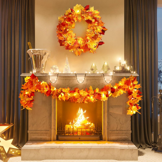 2 Pack Fall Maple Leaves Garland with LED Light 5.7 Feet Artificial Autumn Maple Hanging Vine Foliage with Hanging Hook for Indoor Outdoor Decor Fireplace Halloween Thanksgiving(Without battery) - kuomie