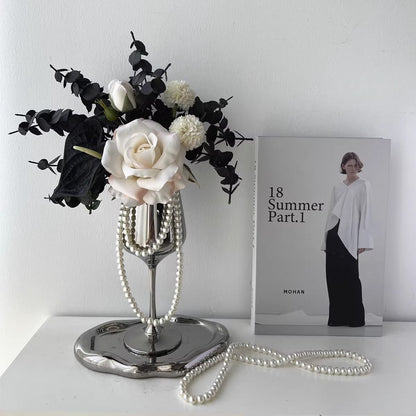 1pc Elegant Faux Rose Arrangement in Luxury Wine Glass Vase with Decorative Pearls Living Room Decor,autumn home decor,autumn decor,room decor