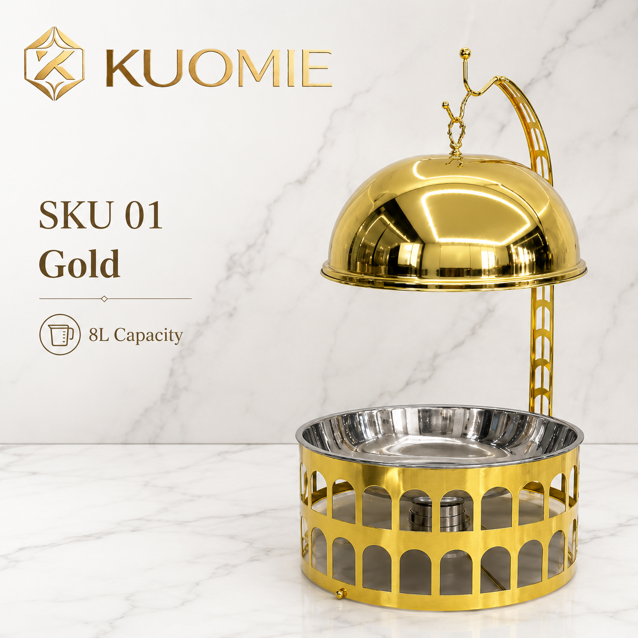 KUOMIE Luxury 8L Gold Chafing Dish with Hanging Dome Lid | Stainless Steel Buffet Food Warmer for Wedding, Hotel & Catering