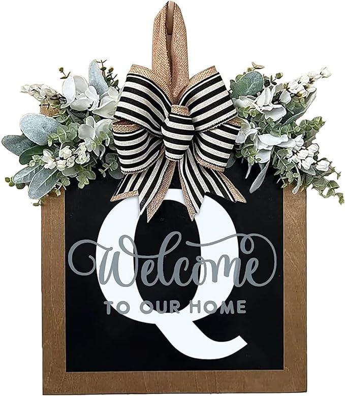 Last Name Year Round Front Door Wreath Front Porch Decoration 26 Letter Welcome Sign with Eucalyptus Garland and Bow Spring Wreaths for Front Door Outside Hanger Garland - kuomie