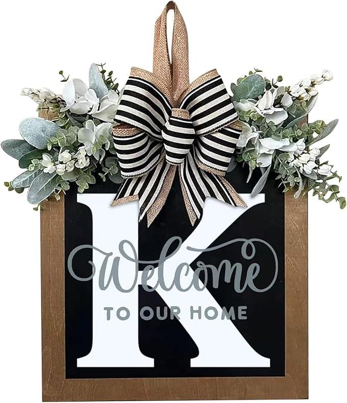Last Name Year Round Front Door Wreath Front Porch Decoration 26 Letter Welcome Sign with Eucalyptus Garland and Bow Spring Wreaths for Front Door Outside Hanger Garland - kuomie
