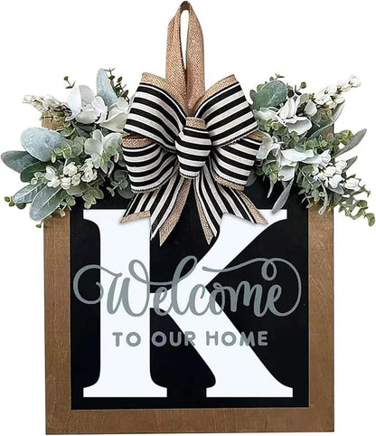 Last Name Year Round Front Door Wreath Front Porch Decoration 26 Letter Welcome Sign with Eucalyptus Garland and Bow Spring Wreaths for Front Door Outside Hanger Garland - kuomie