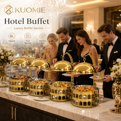 KUOMIE Luxury 8L Gold Chafing Dish with Hanging Dome Lid | Stainless Steel Buffet Food Warmer for Wedding, Hotel & Catering