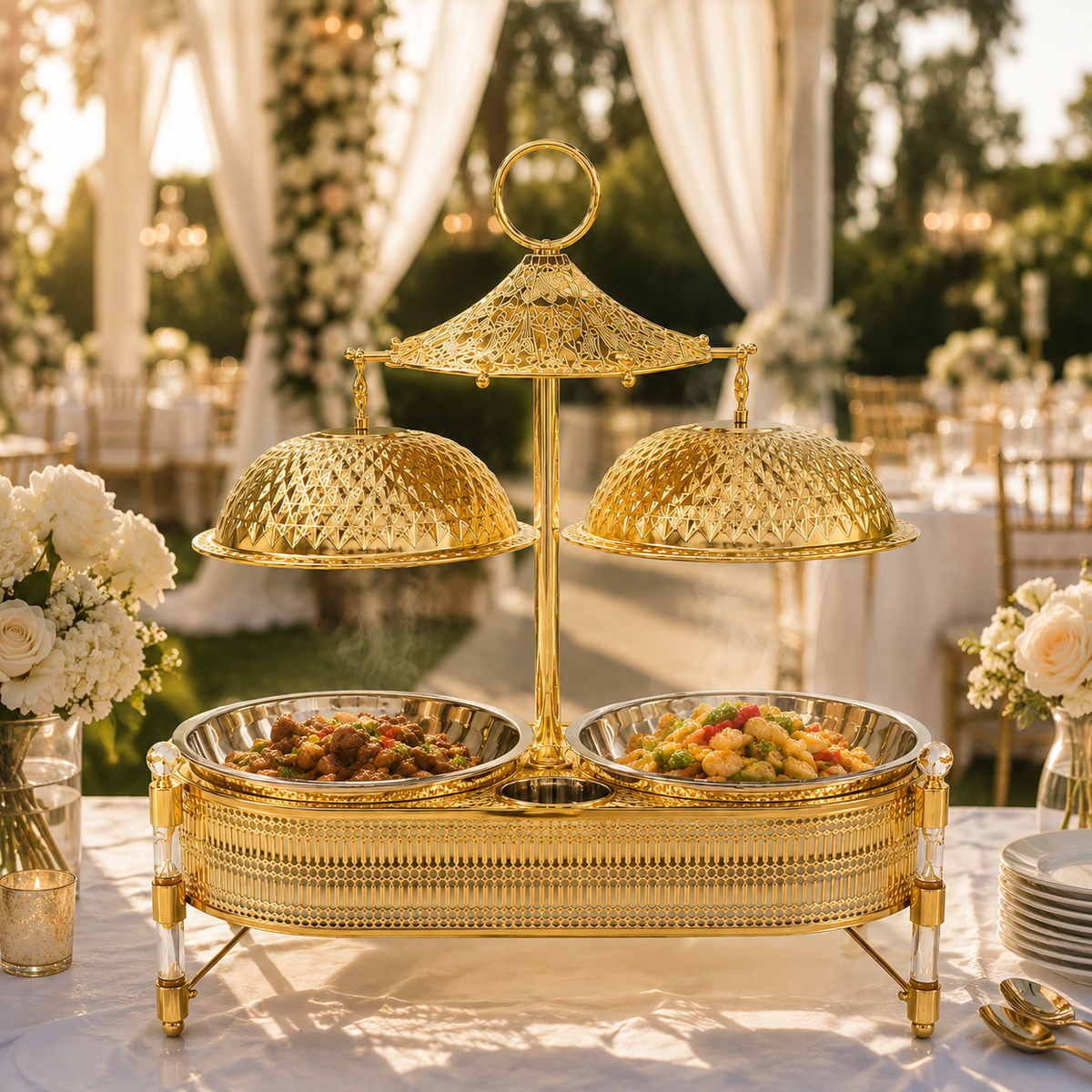KUOMIE 10L Luxury Gold Double Chafing Dish Set with Textured Dome Lids