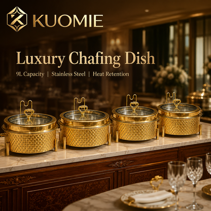 KUOMIE 9L Gold Chafing Dish with Glass Lid for Luxury Buffet Food Warming