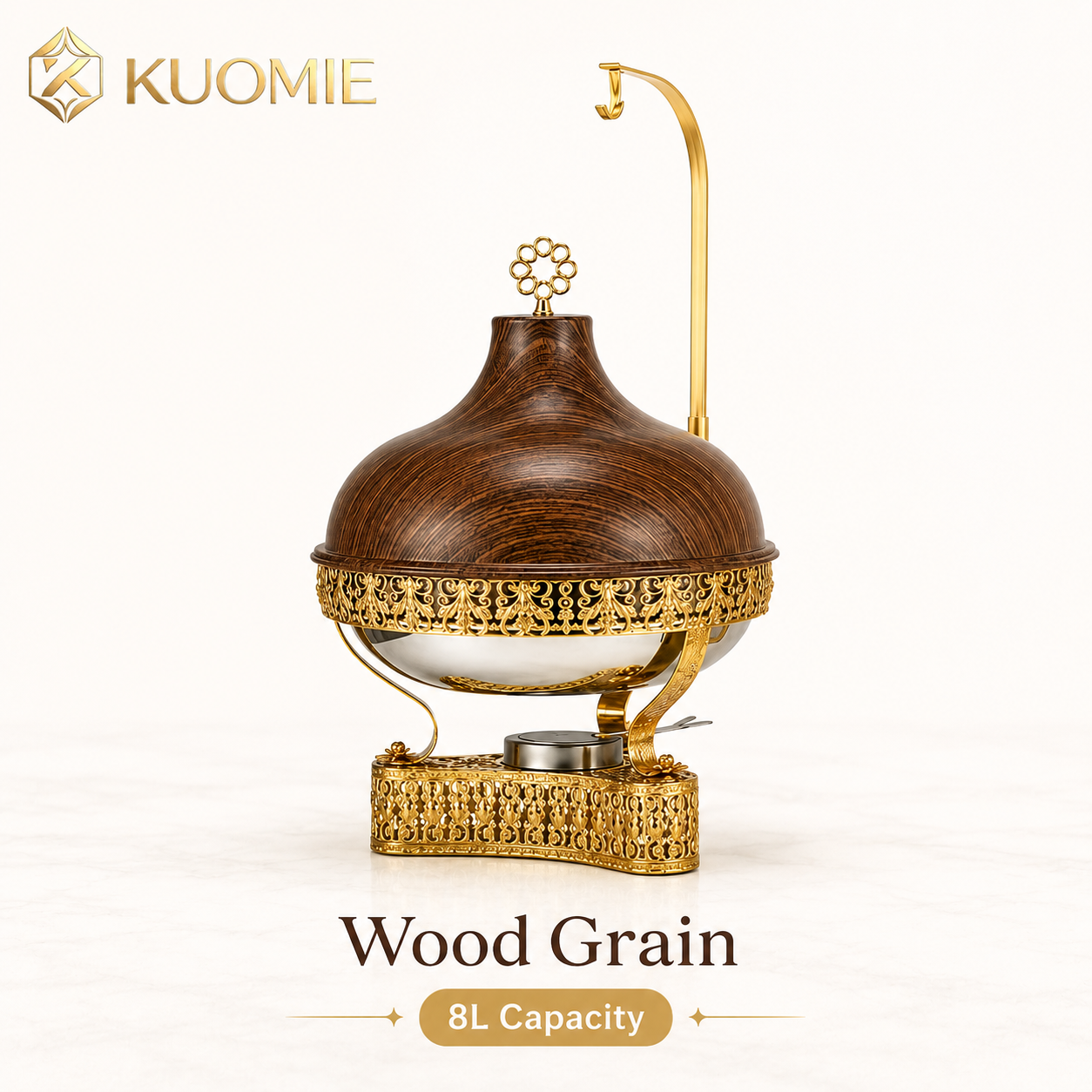 KUOMIE 8L Luxury Chafing Dish with Hanging Lid, Stainless Steel Food Pan, Gold Filigree Buffet Warmer for Weddings, Hotels, Catering, Parties and Events