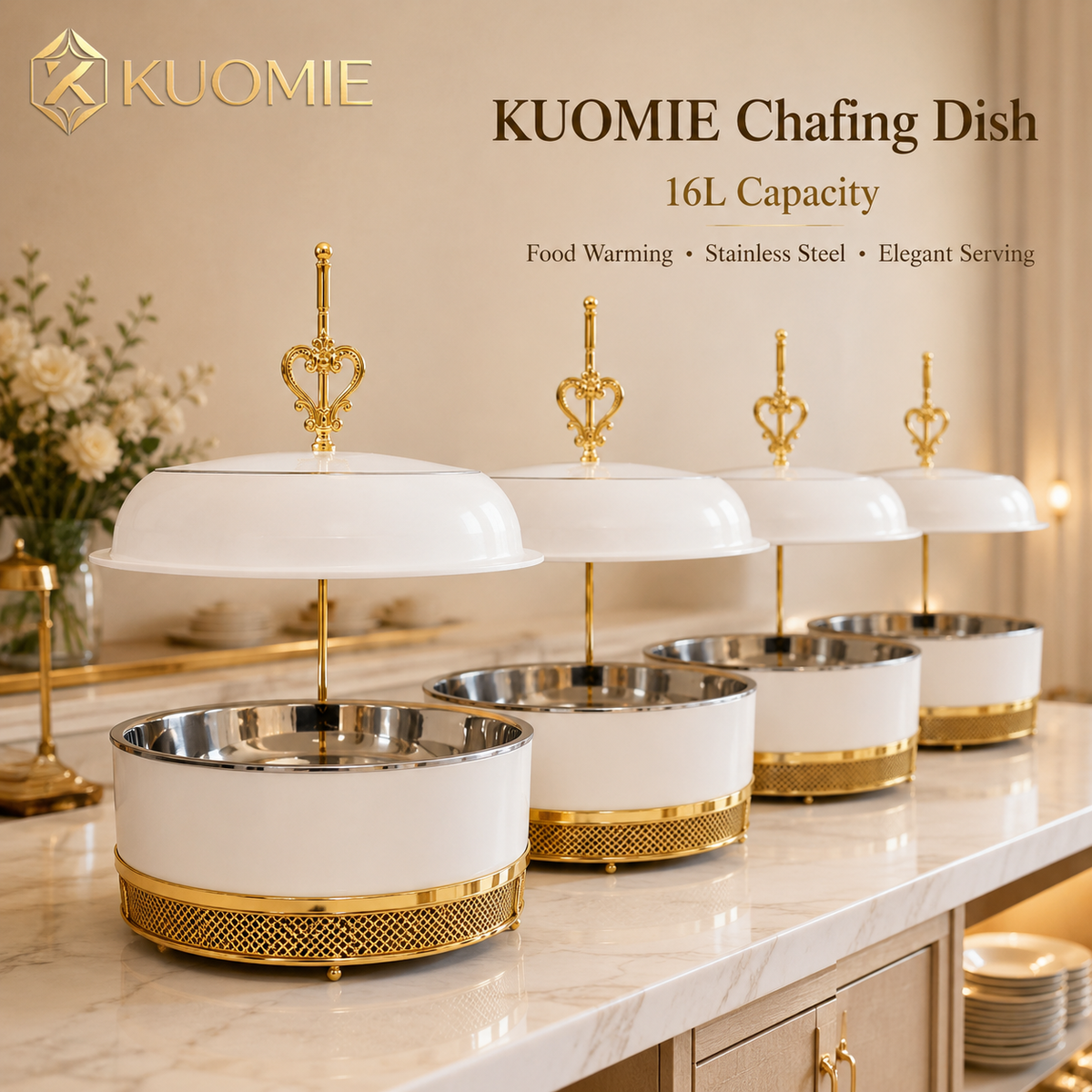 KUOMIE 16L Luxury White and Gold Chafing Dish for Buffet Food Warming and Elegant Catering