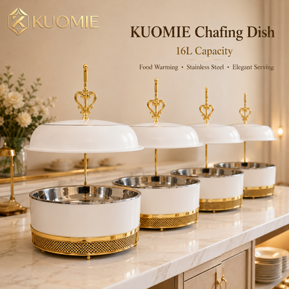 KUOMIE 16L Luxury White and Gold Chafing Dish for Buffet Food Warming and Elegant Catering