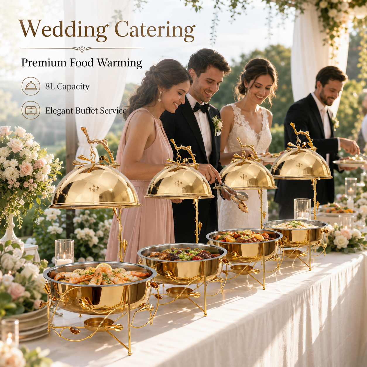 KUOMIE 8L/10L Gold Buffet Chafing Dish, Elegant Food Warmer for Weddings and Banquet Service