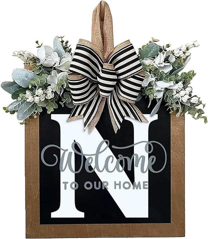 Last Name Year Round Front Door Wreath Front Porch Decoration 26 Letter Welcome Sign with Eucalyptus Garland and Bow Spring Wreaths for Front Door Outside Hanger Garland - kuomie