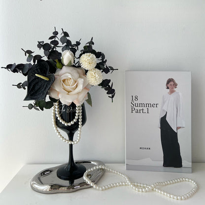 1pc Elegant Faux Rose Arrangement in Luxury Wine Glass Vase with Decorative Pearls Living Room Decor,autumn home decor,autumn decor,room decor