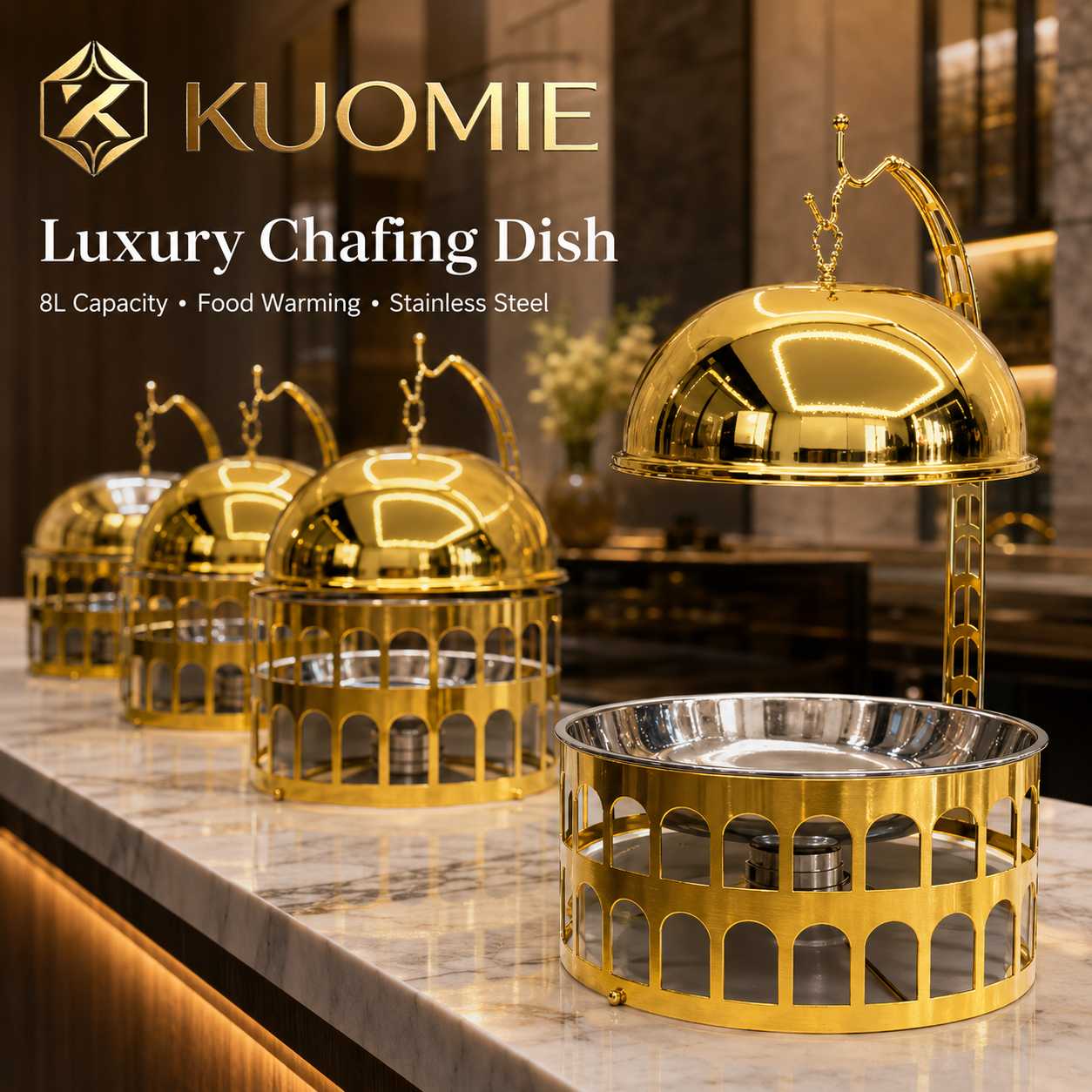 KUOMIE Luxury 8L Gold Chafing Dish with Hanging Dome Lid | Stainless Steel Buffet Food Warmer for Wedding, Hotel & Catering