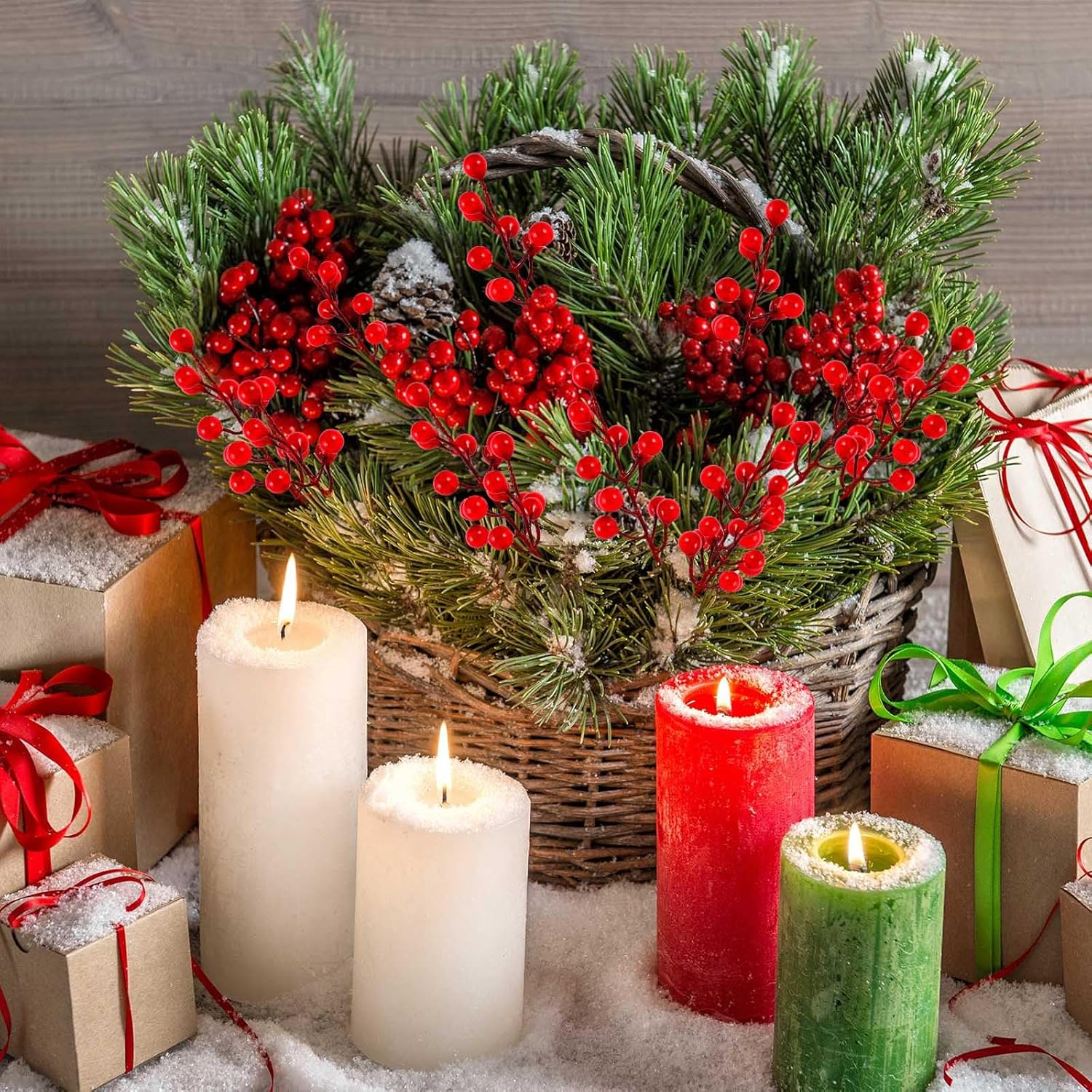 40PCS Faux Red Berry Holly Stems Holiday Table Centerpiece Vase Fillers for Christmas and New Year - kuomie