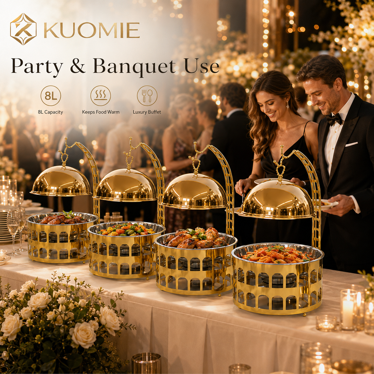 KUOMIE Luxury 8L Gold Chafing Dish with Hanging Dome Lid | Stainless Steel Buffet Food Warmer for Wedding, Hotel & Catering
