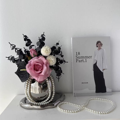 1pc Elegant Faux Rose Arrangement in Luxury Wine Glass Vase with Decorative Pearls Living Room Decor,autumn home decor,autumn decor,room decor