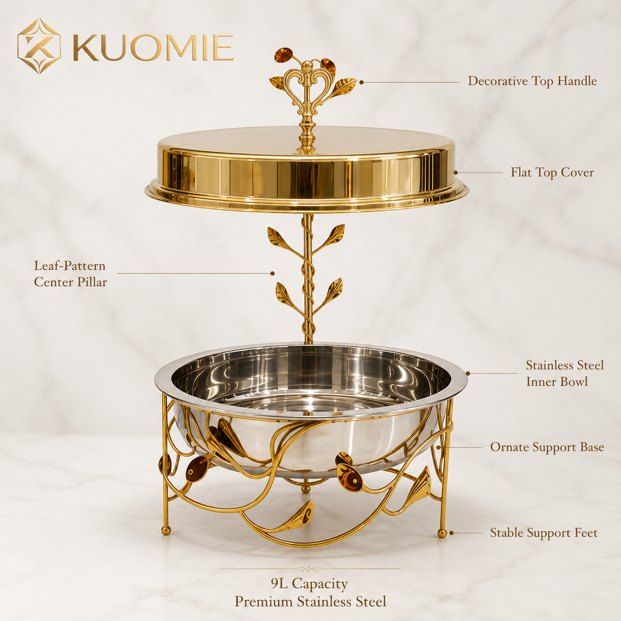 9L Rosevine Round Chafing Dish with Elevated Gold Cover | KUOMIE