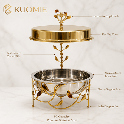 9L Rosevine Round Chafing Dish with Elevated Gold Cover | KUOMIE