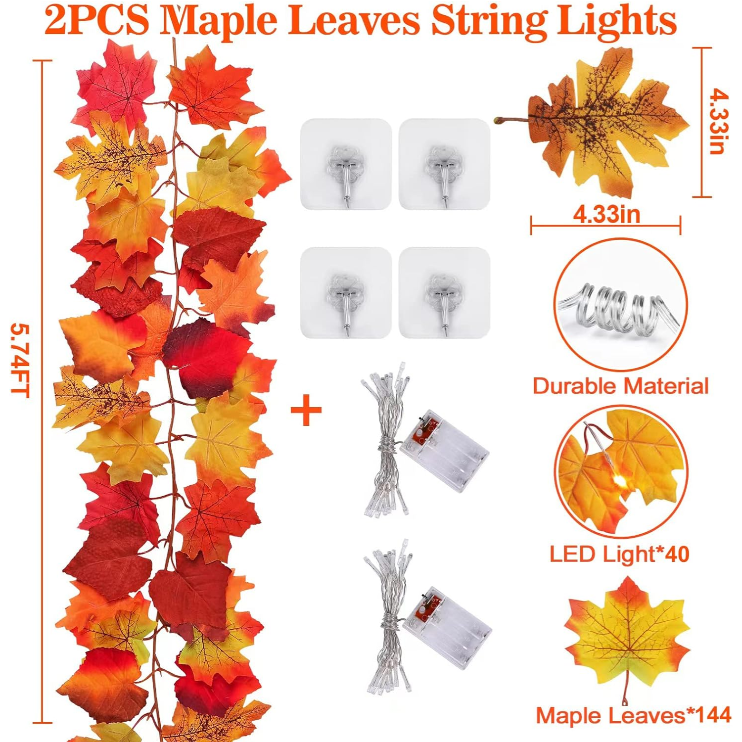 2 Pack Fall Maple Leaves Garland with LED Light 5.7 Feet Artificial Autumn Maple Hanging Vine Foliage with Hanging Hook for Indoor Outdoor Decor Fireplace Halloween Thanksgiving(Without battery) - kuomie