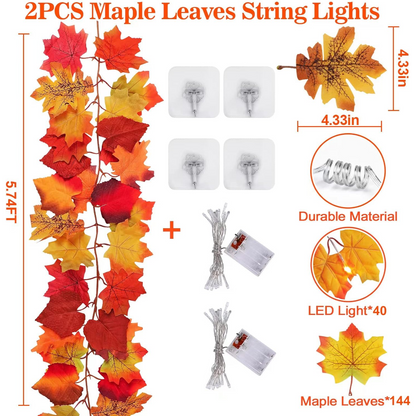 2 Pack Fall Maple Leaves Garland with LED Light 5.7 Feet Artificial Autumn Maple Hanging Vine Foliage with Hanging Hook for Indoor Outdoor Decor Fireplace Halloween Thanksgiving(Without battery) - kuomie