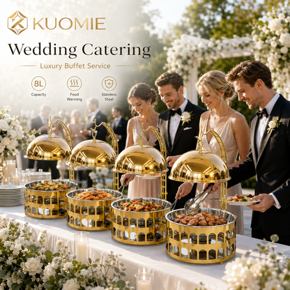 KUOMIE Luxury 8L Gold Chafing Dish with Hanging Dome Lid | Stainless Steel Buffet Food Warmer for Wedding, Hotel & Catering