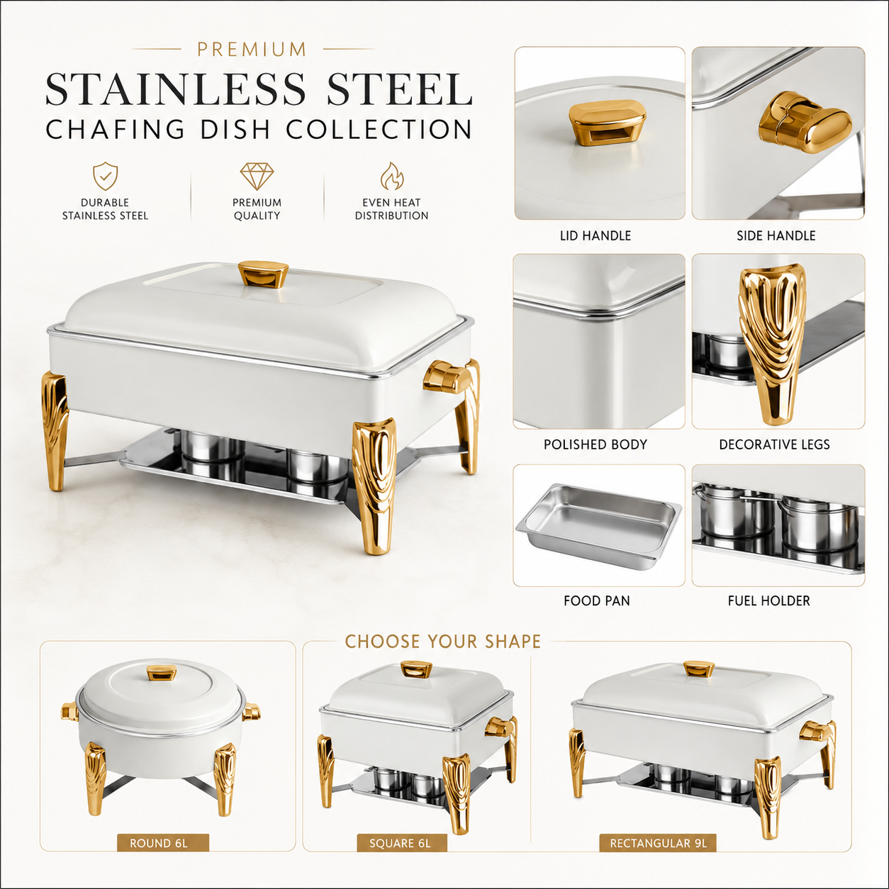 Stainless Steel Chafing Dish Buffet Food Warmer | 6L & 9L for Weddings, Catering & Parties