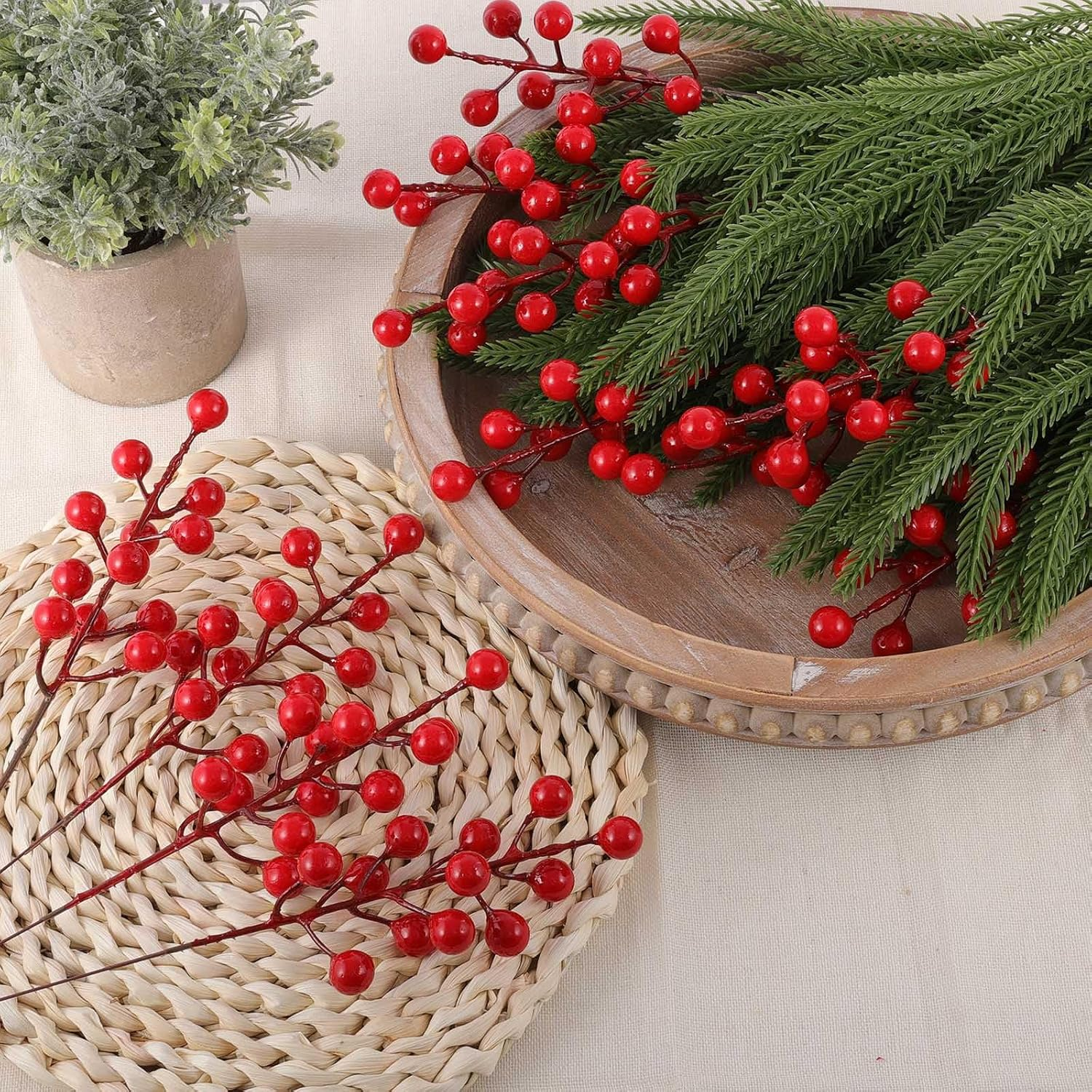 40PCS Faux Red Berry Holly Stems Holiday Table Centerpiece Vase Fillers for Christmas and New Year - kuomie