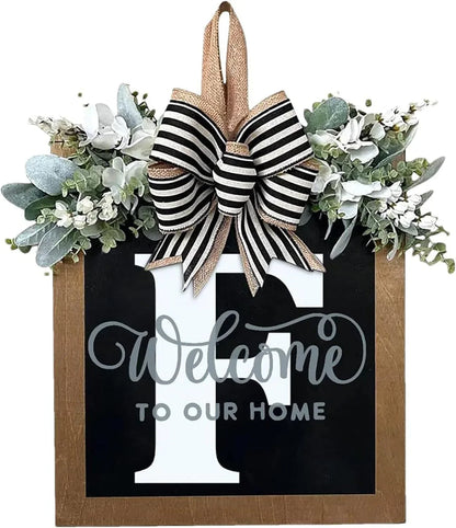 Last Name Year Round Front Door Wreath Front Porch Decoration 26 Letter Welcome Sign with Eucalyptus Garland and Bow Spring Wreaths for Front Door Outside Hanger Garland - kuomie