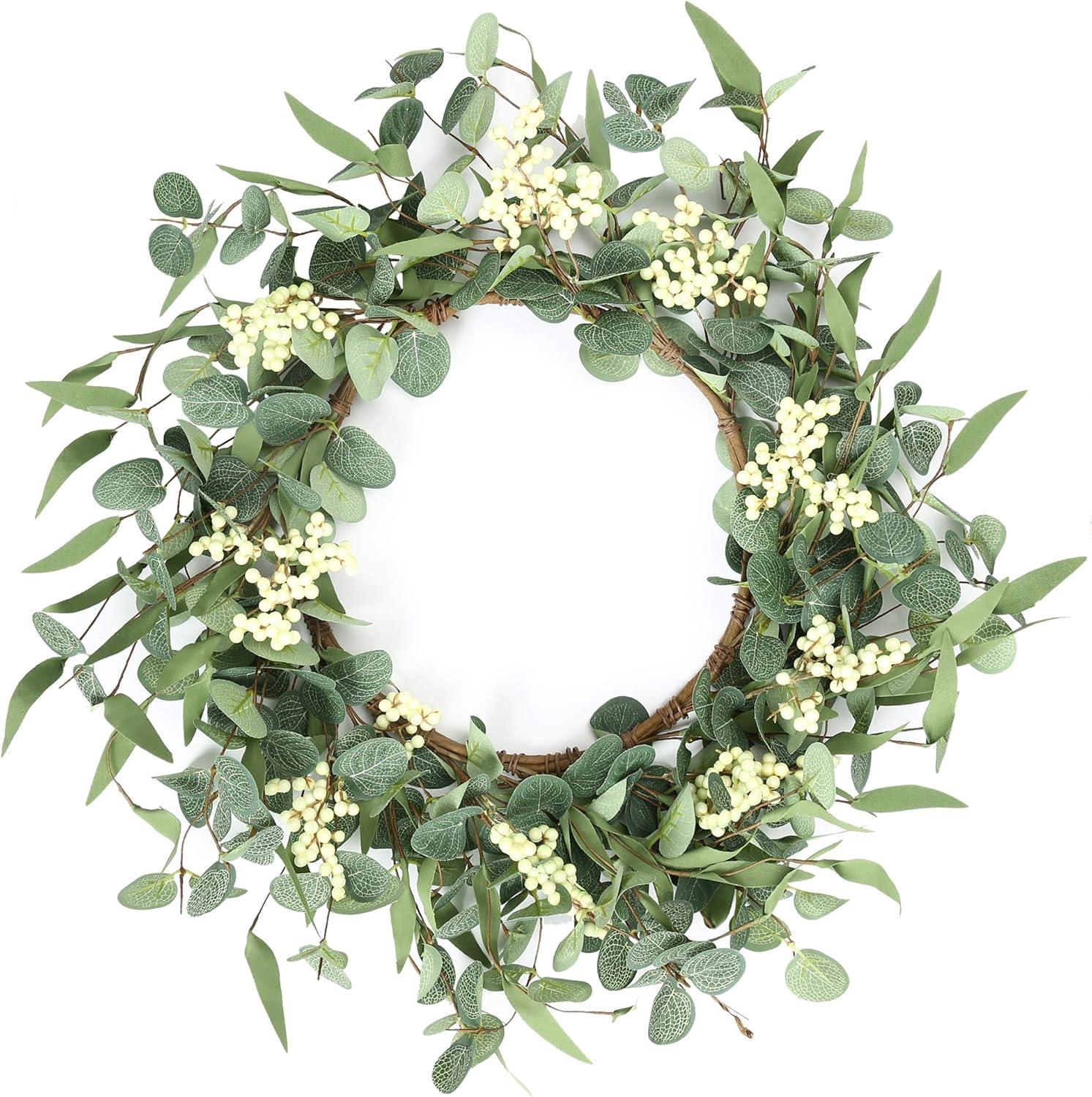 20'' Eucalyptus Wreath for Front Door, Porch, Window - Green Decor for Home, Farmhouse - Spring, Summer, Fall, All Seasons - kuomie