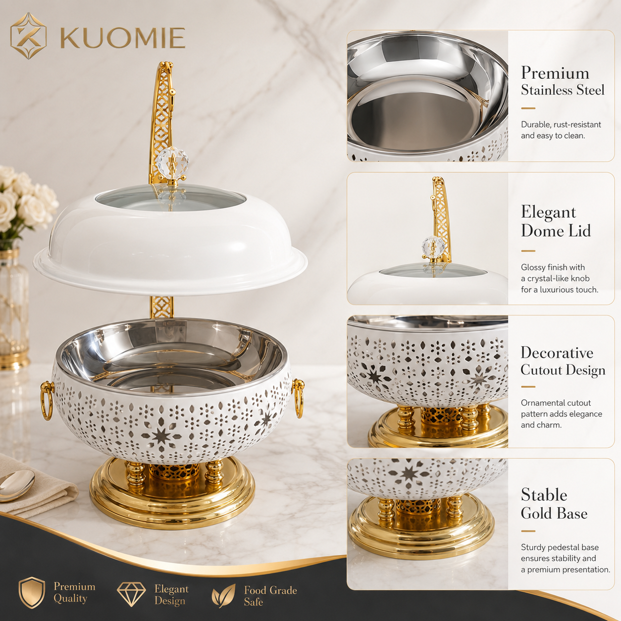 KUOMIE Premium Stainless Steel Food Warmer with Decorative Gold Stand