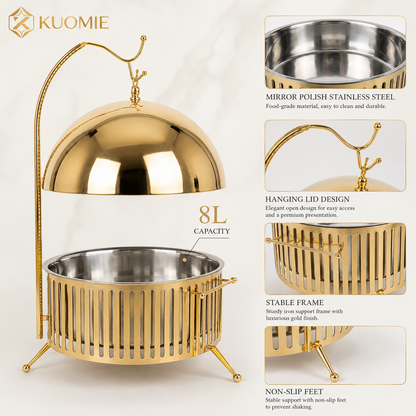 KUOMIE 8L Luxury Gold Chafing Dish with Hanging Dome Lid, Stainless Steel Food Pan, and Buffet Food Warmer Design for Weddings, Hotels, Catering, Banquets, and Parties