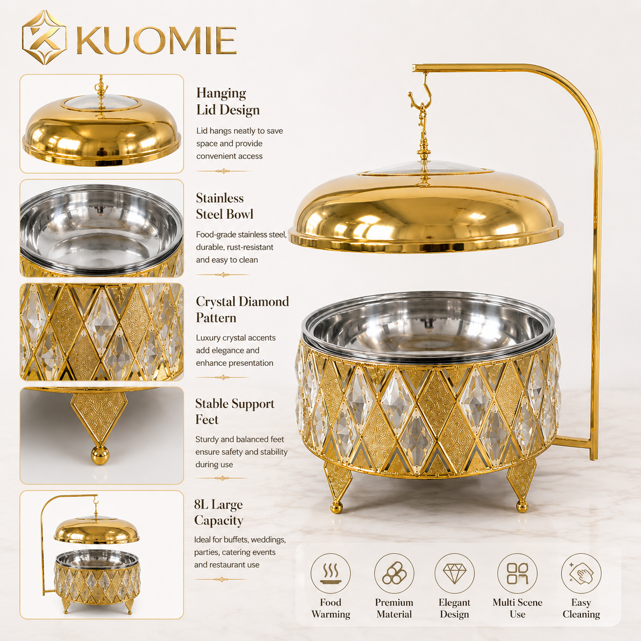 Luxury 8L Gold Buffet Food Warmer with Hanging Lid and Stainless Steel Bowl
