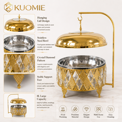 Luxury 8L Gold Buffet Food Warmer with Hanging Lid and Stainless Steel Bowl