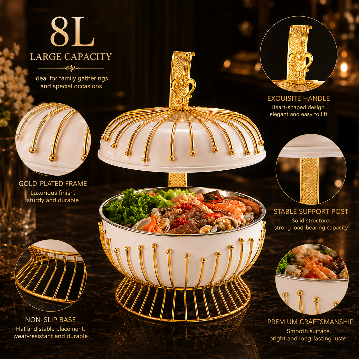 Luxury 8L Hanging Dome Chafing Dish | Premium Buffet Food Warmer for Hotel, Wedding & Catering