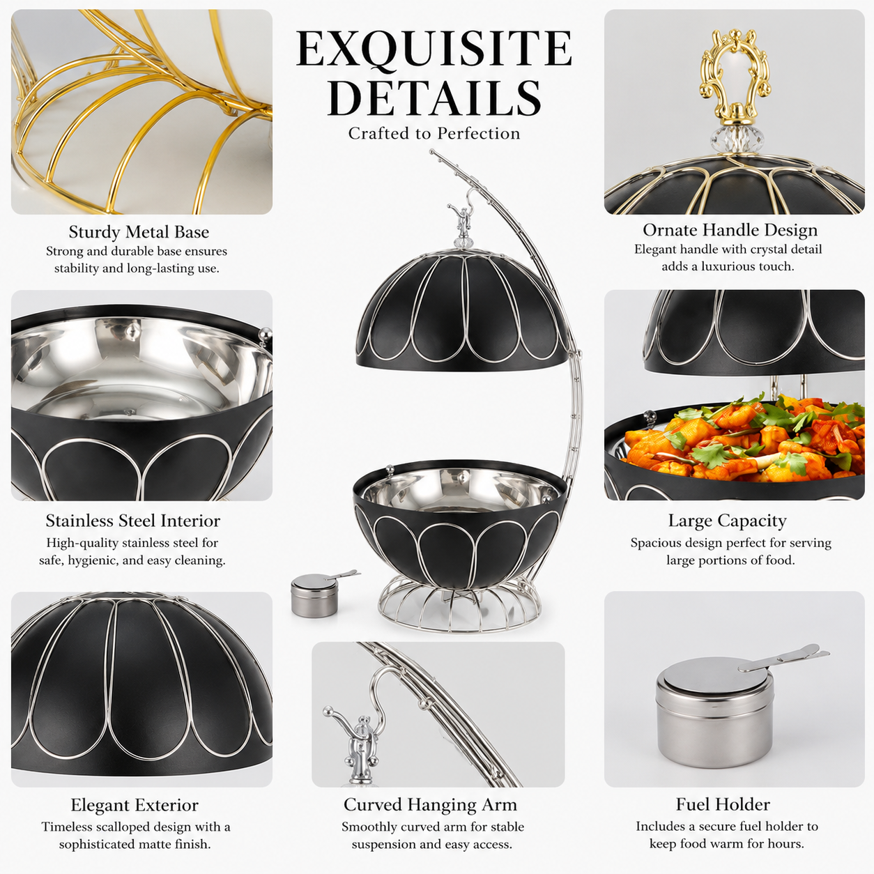 Luxury 8L Hanging Lid Chafing Dish – Premium Buffet Food Warmer for Hotels, Weddings & Catering Events